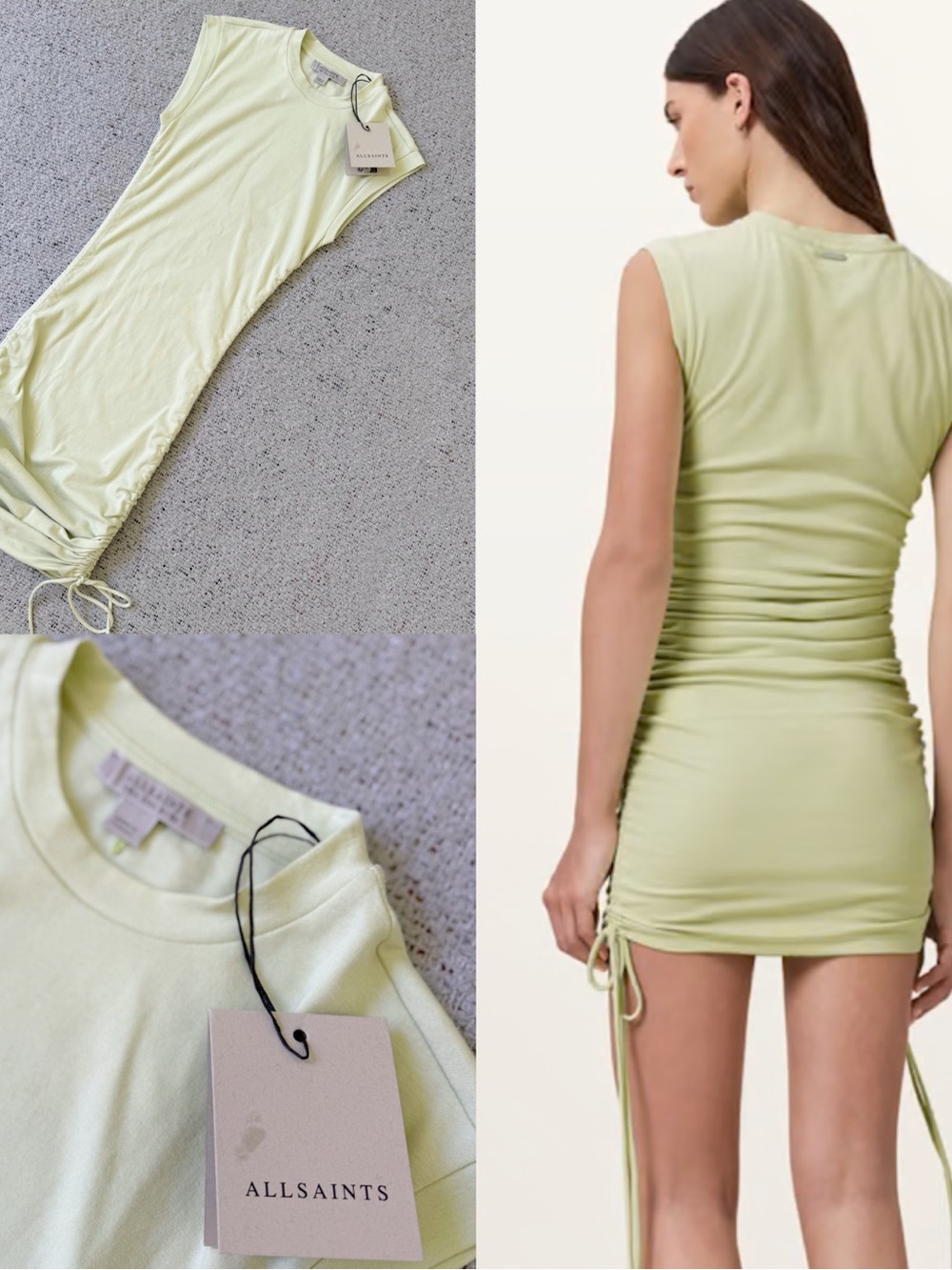 AllSaints Sonny Ruched Midi Dress Jade Green Size 0 Drawstring Bodycon NWT